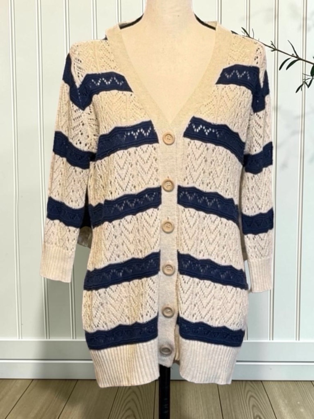 POL Cream & Navy Open Knit Striped Cardigan Size Large Boho Coastal